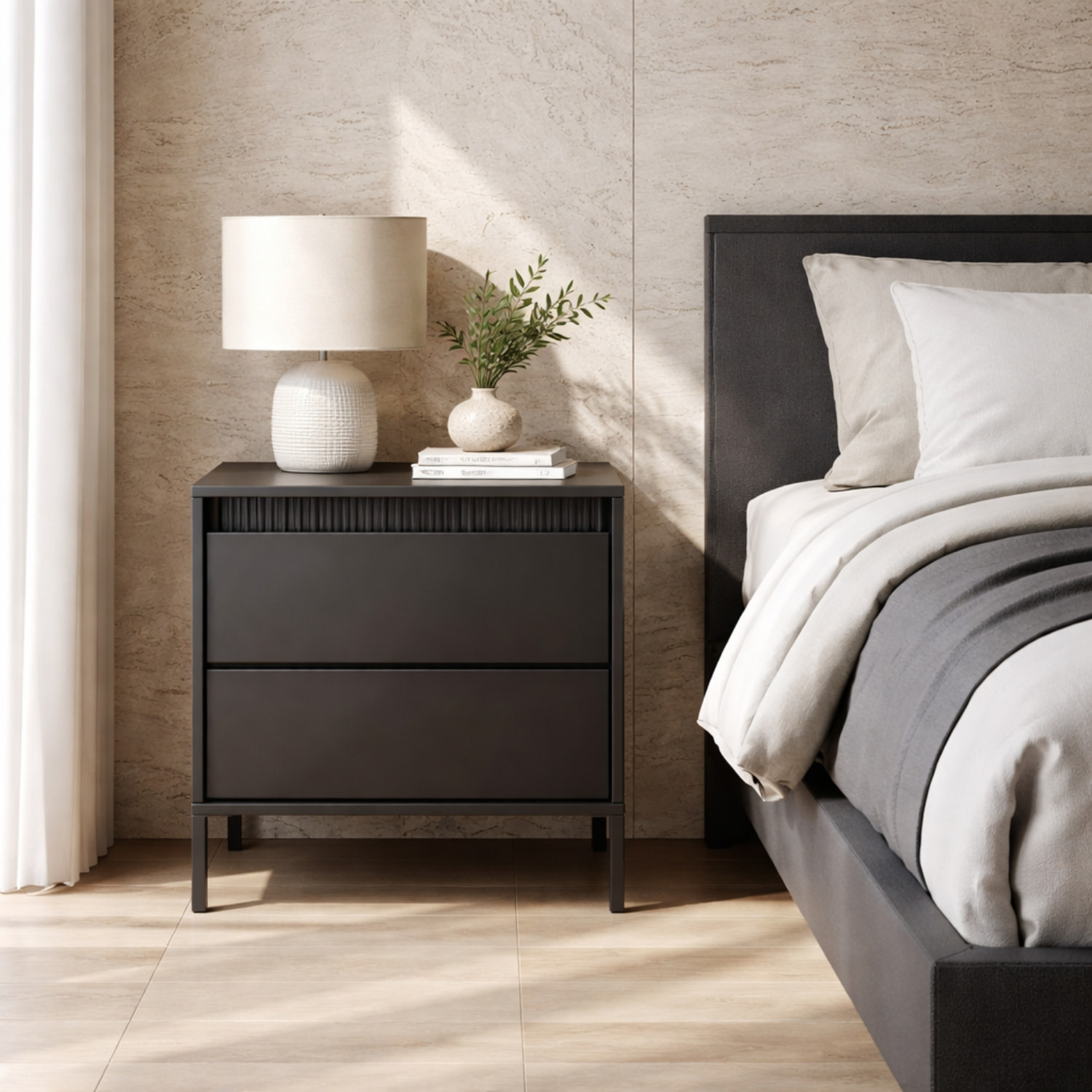Comodino Moderno 2 Cassetti Push E Piedini Alti Cassettiera Design Elegante Mobiletto Minimal Effetto Cannettato 53.5 x 56.2 x 39.5 Cm Nero
