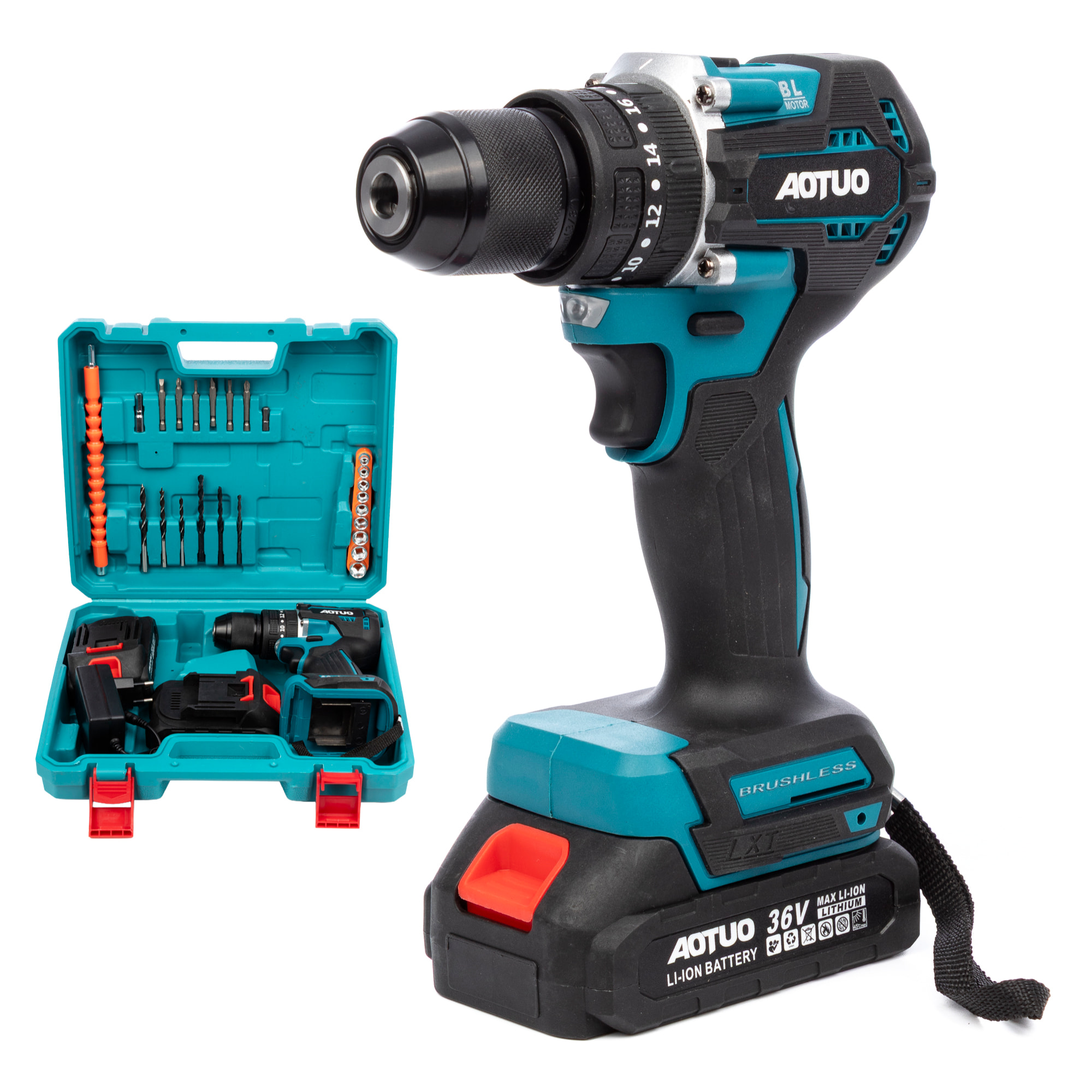 Trapano elettrico senza fili a doppia velocità, motore senza spazzole, valigetta di trasporto e 24 accessori. 2 batterie da 6500 mAh.