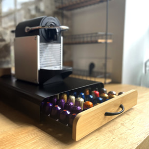 Tiroir de rangement pour capsules Nespresso Design industriel Bambou & Acier ELIE Noir mat MSV