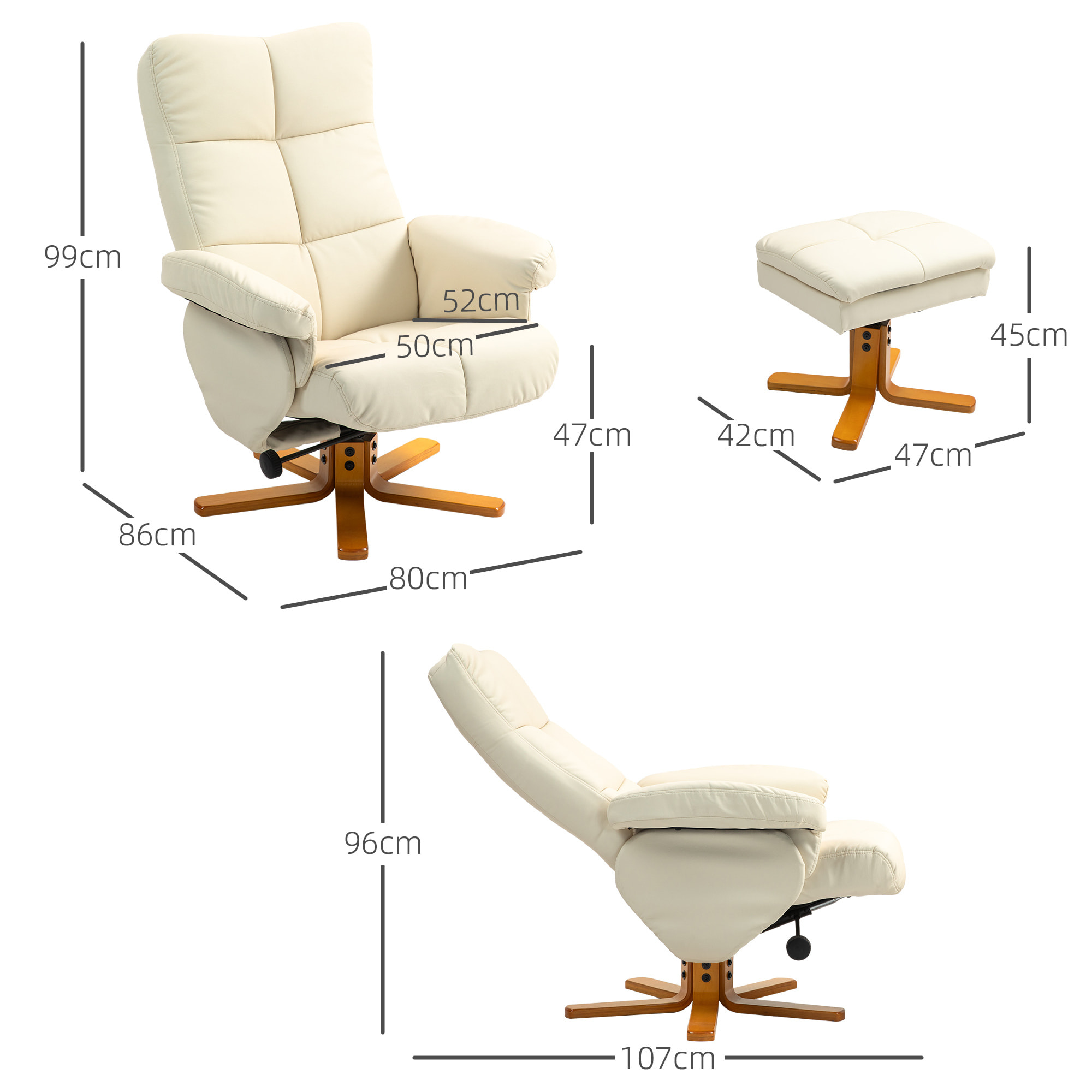 Fauteuil relax inclinable style contemporain repose-pieds coffre rangement revêtement synthétique acier bois crème