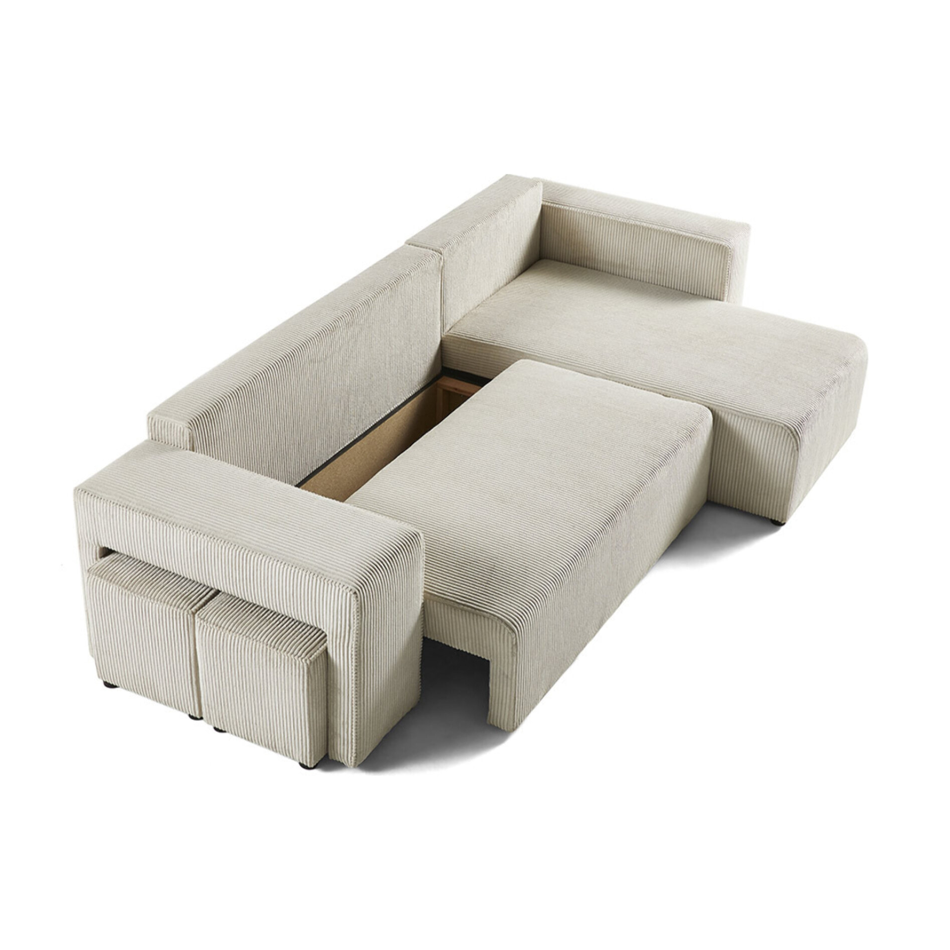 Topaze - canapé d'angle réversible 4 places - convertible avec coffre, tablette et poufs - en velours côtelé - Beige