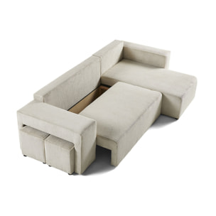 Topaze - canapé d'angle réversible 4 places - convertible avec coffre, tablette et poufs - en velours côtelé - Beige