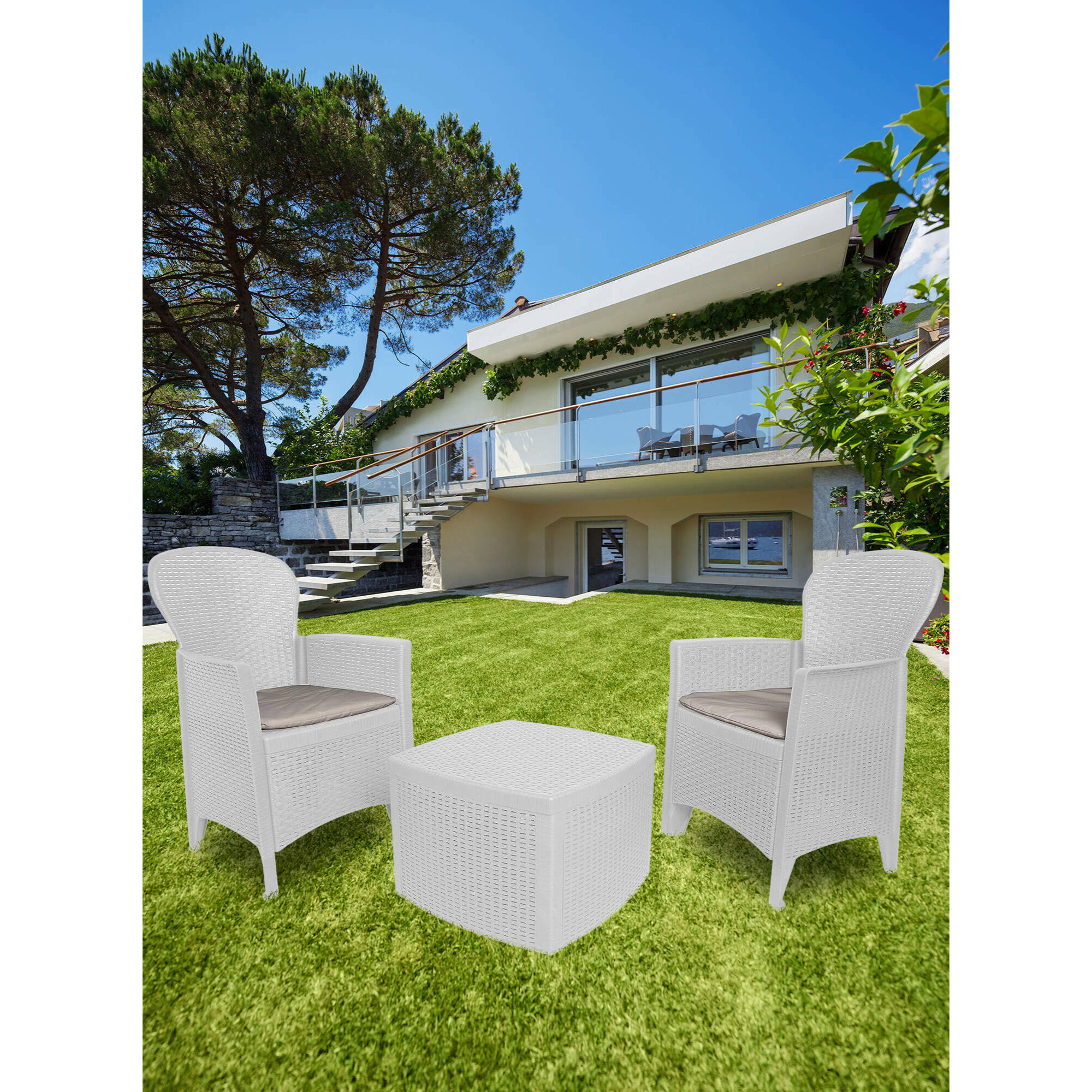 Set salotto da esterno Napoli, Set da giardino con 2 poltrone ed 1 tavolino contenitore, Salottino effetto rattan, 100% Made in Italy, Bianco