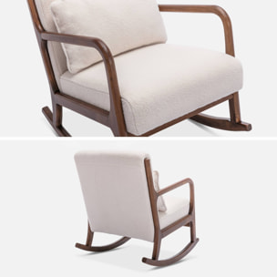 Fauteuil à bascule design en bois et tissu. bouclettes blanches. structure hévéa teinté noyer foncé