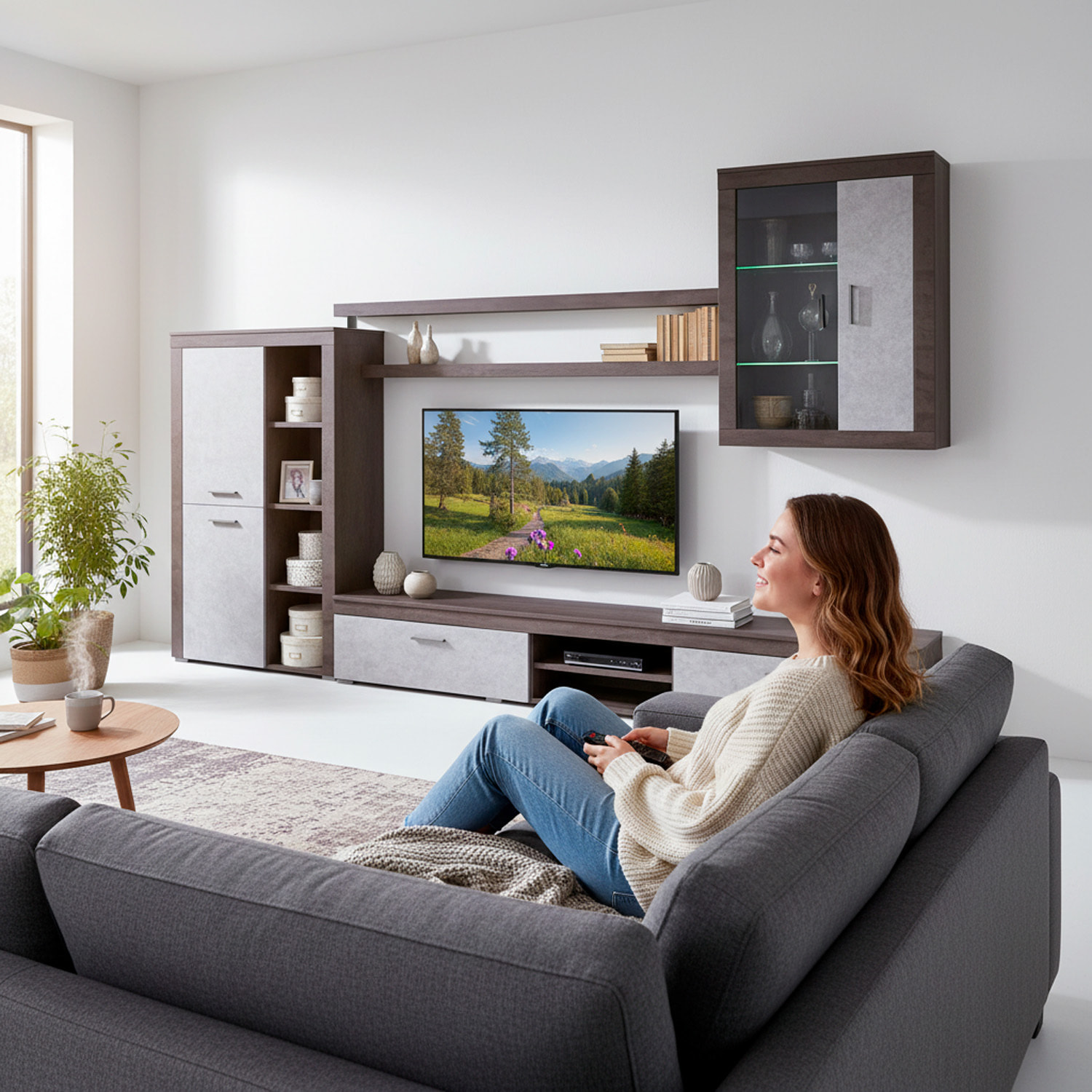 Parete Attrezzata Da Soggiorno Salotto Moderna Con Ante Mensole Vani A Giorno Vetrinetta Mobile TV 293 x 193 x 50 Cm Ossido E Grigio Cemento