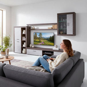 Parete Attrezzata Da Soggiorno Salotto Moderna Con Ante Mensole Vani A Giorno Vetrinetta Mobile TV 293 x 193 x 50 Cm Ossido E Grigio Cemento