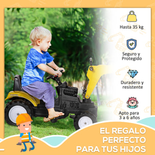 Tractor a Pedales para Niños de +3 Años Excavadora para Niños con Pala Delantera y Bocina Carga 35kg Tractor Infantil para Exterior 107x42x71 cm Amarillo