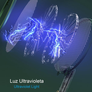 Racchetta elettrica W1 a doppio uso, uccide zanzare, mosche e tarme. Batteria al litio. Luce ultravioletta a 360°.