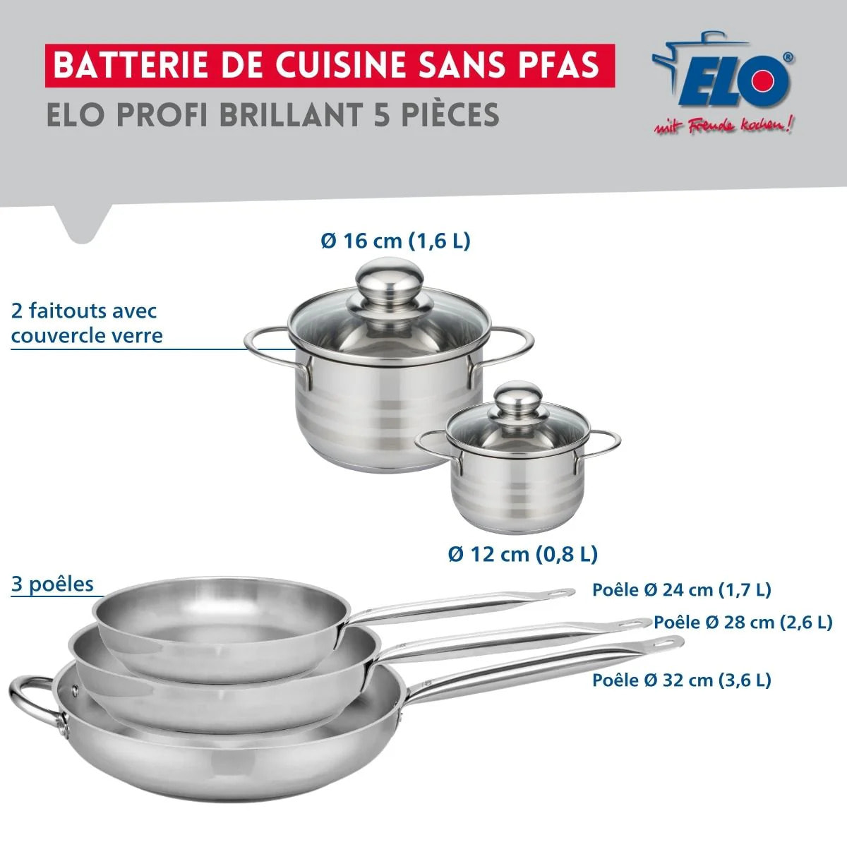 Ensemble de 3 Poêles de cuisson 24, 28 et 32 cm et 2 faitouts 12 et 16 cm Elo Profi Brillant