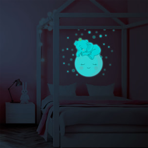 Sticker phosphorescent lumineux - ENFANT BÉBÉ ÉLÉPHANT SUR LA LUNE ET 30 ÉTOILES