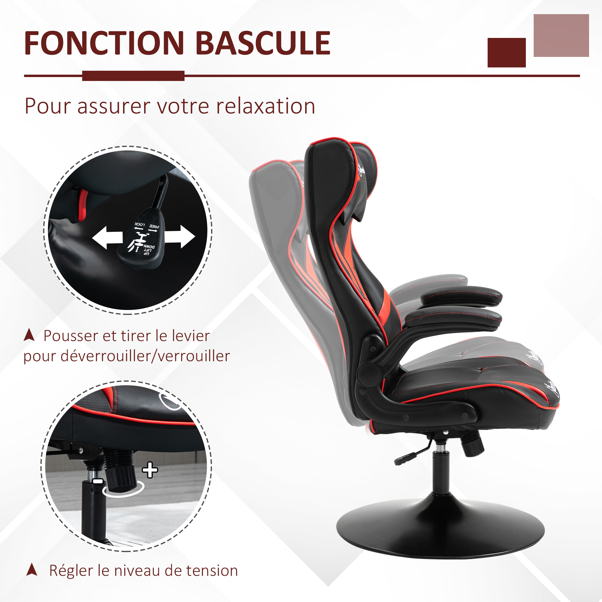 Fauteuil gaming base ronde métal pivotante 360° hauteur réglable tétière accoudoirs relevables PVC rouge noir