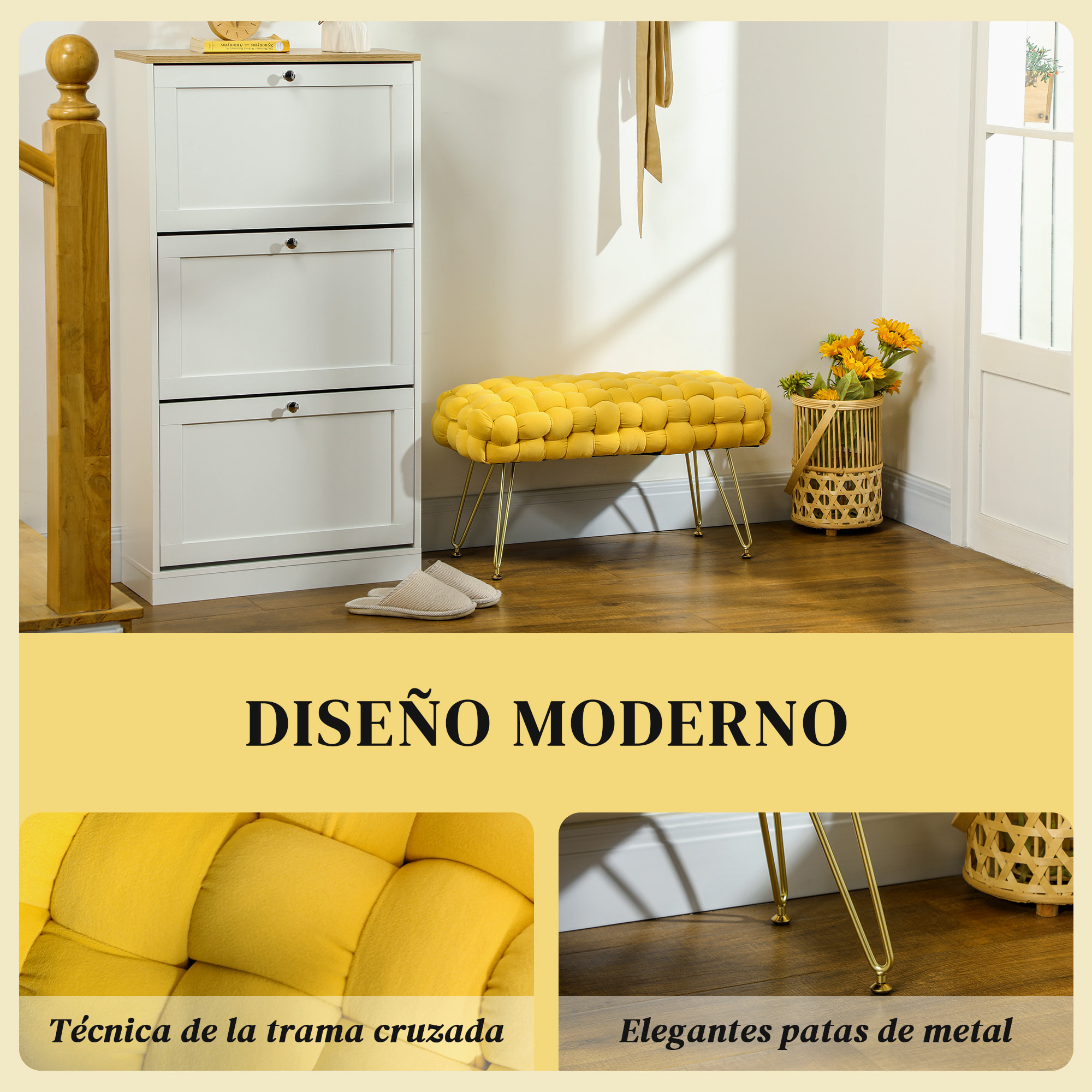 Banco Pie de Cama Tapizado en Terciopelo Banco Otomano Pie de Cama con Patas Doradas y Asiento Acolchado para Dormitorio Entradas Amarillo