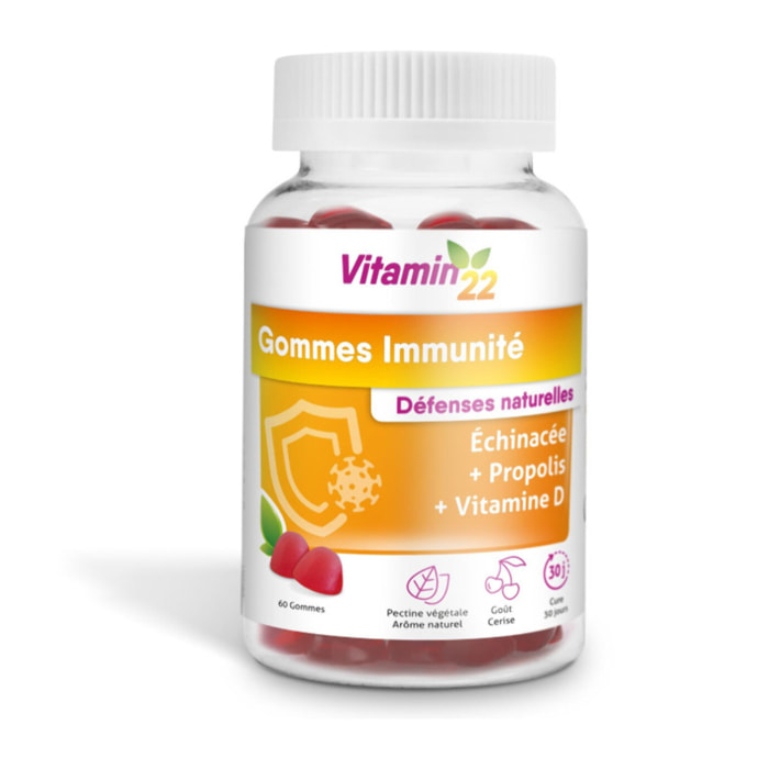 VITAMIN'22 - Gommes immunité - à Base de Vitamine D, Propolis et Échinacée - Booste les défenses immunitaires - Au délicieux goût de cerise - 60 gommes