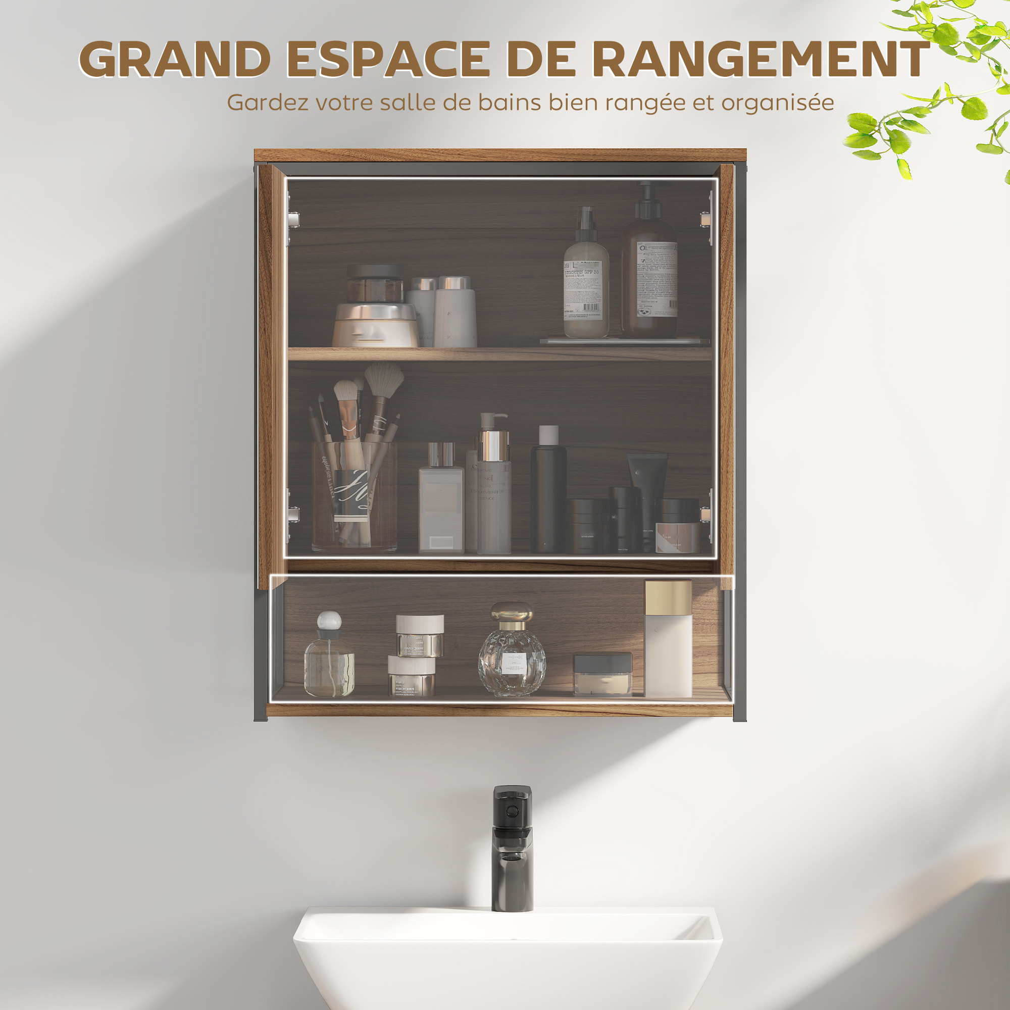 Armoire miroir murale salle de bain 2 portes design - étagère, niche - métal noir effet bois noyer