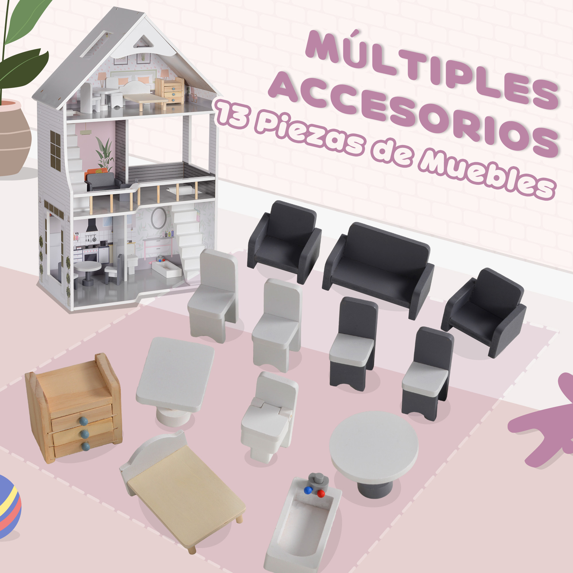 Casa de Muñecas con Muebles y Accesorios Casa de Muñecas de Madera de 3 Pisos Juguete para Niños y Niñas a Partir de 3 Años Gris