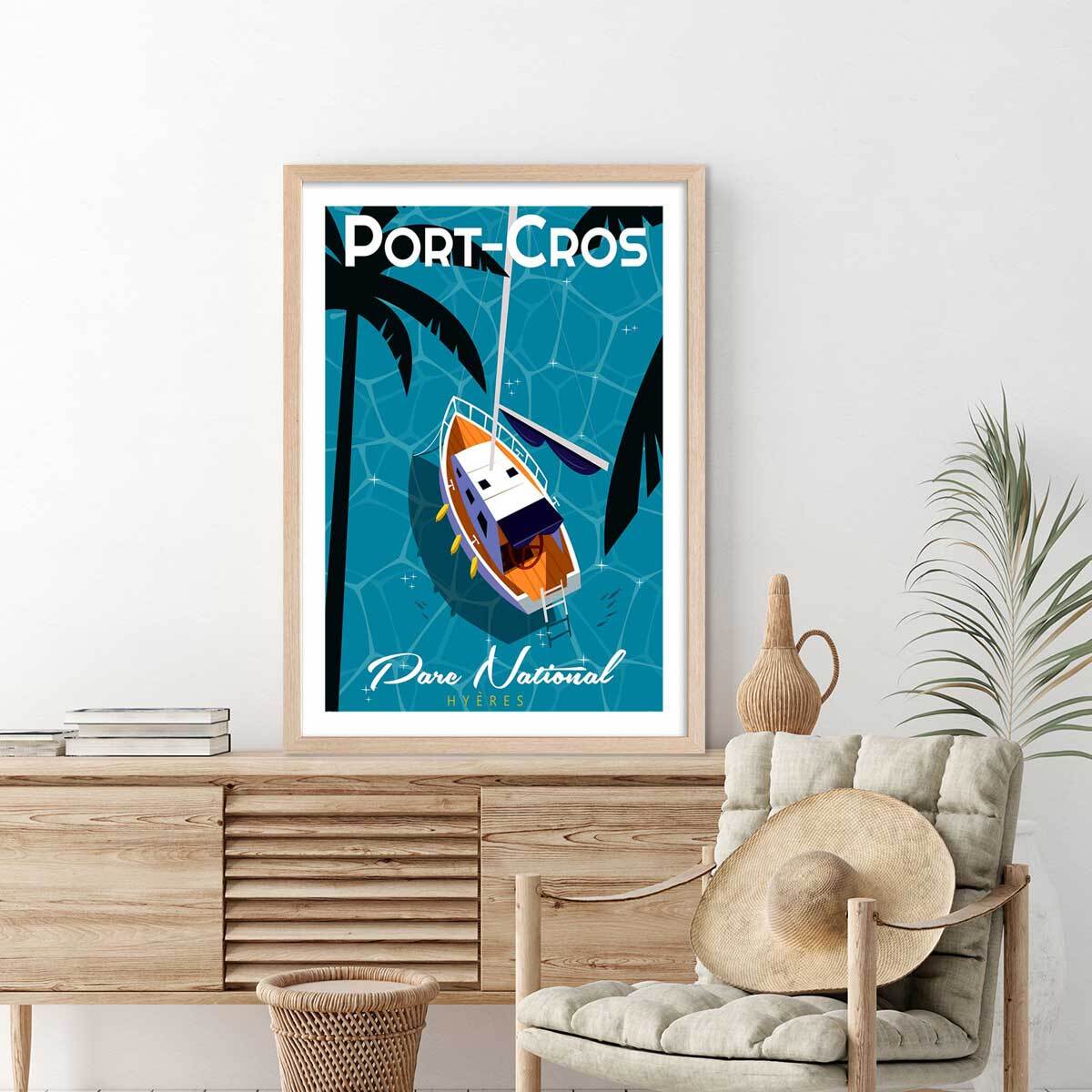 Poster de port cros Affiche + cadre en bois - Chêne