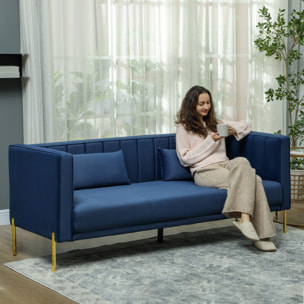 Sofá de 3 Plazas Sofá de Salón de 194,5 cm Tapizado en Terciopelo con 2 Almohadas Reposabrazos y Patas Doradas para Sala de Estar Azul Marino