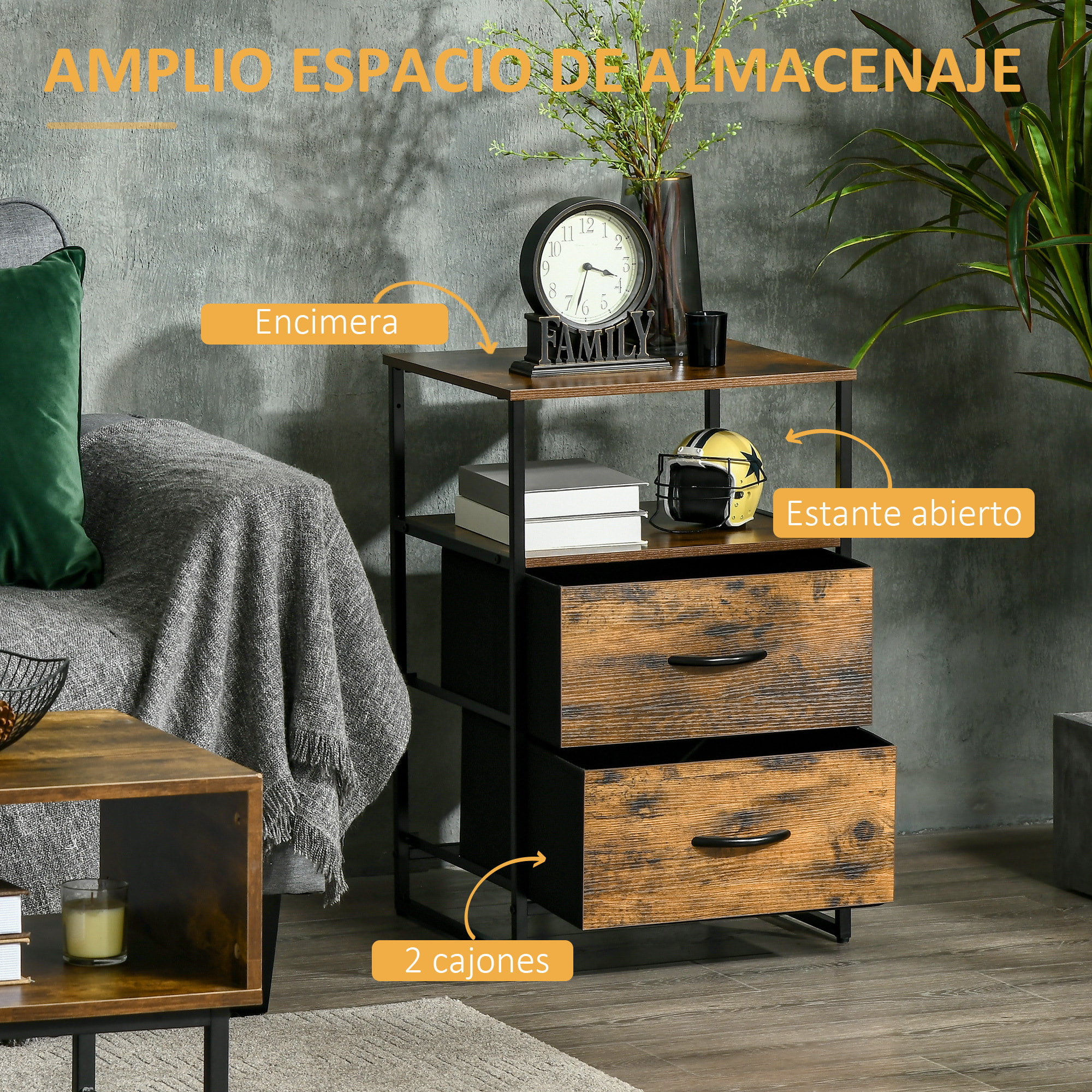 Mueble Organizador Cajonera de Tela con Cajones Plegables Estante Abierto y Marco de Acero Estilo Industrial para Salón Recibidor Dormitorio 45x40x70,5 cm Marrón Rústico