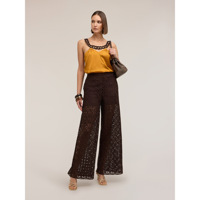 Motivi - Pantalones palazzo de encaje macramé - Marrón