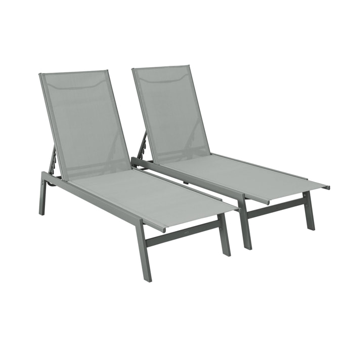 Lot de 2 transats kaki. 5 positions. en textilène et métal. FLORA.  L155 x P59 x H106cm