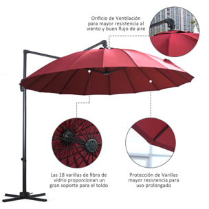 Sombrilla Jardín Ø300cm con Manivela Poste Giratorio 360° Techo Inclinable Rojo