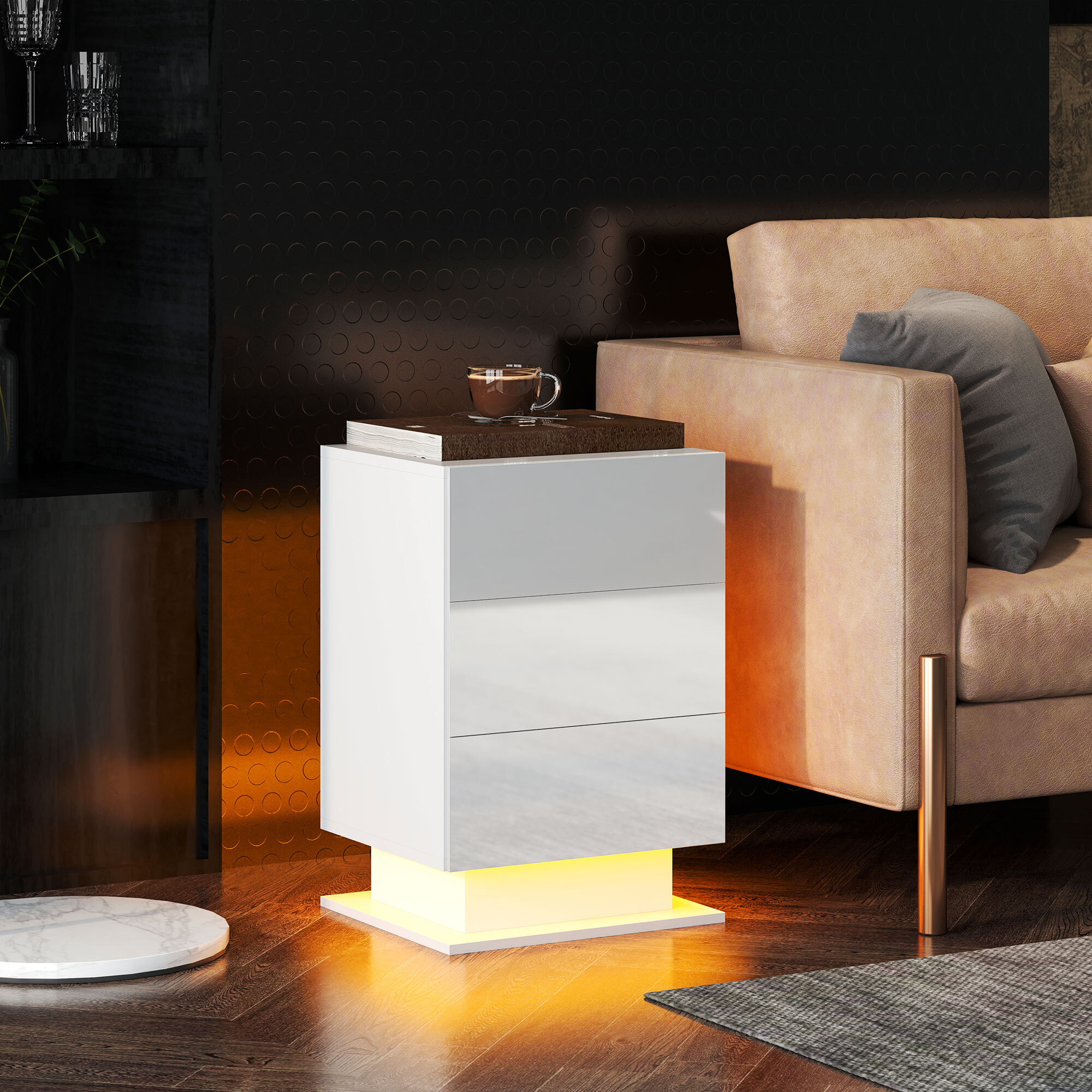 Mesita de Noche con Tira de Luz LED Multicolor Variable Mesa Auxiliar con 3 Cajones Estilo Moderno Mesilla de Noche para Dormitorio Salón 40x35x60 cm Blanco Brillo