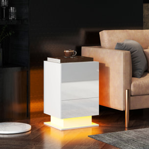 Mesita de Noche con Tira de Luz LED Multicolor Variable Mesa Auxiliar con 3 Cajones Estilo Moderno Mesilla de Noche para Dormitorio Salón 40x35x60 cm Blanco Brillo