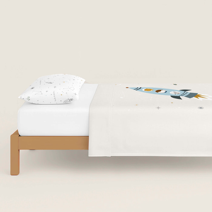 Juego de Sábanas Estampadas - Infantil - Incluye 1 Funda de Almohada - 100% Algodón - Viaje Espacial