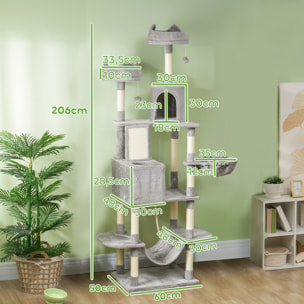 Árbol Rascador para Gatos Grande Altura 206 cm Árbol para Gatos Torre para Gatos con Plataformas Cuevas Bolas Colgantes y Hamacas Gris Claro