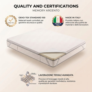 Topper Materasso in Memory Foam con Fibra d’Argento, Alto 5 cm, Traspirante e Antistatico con Elastici, Certificato OEKO-TEX, Made in Italy