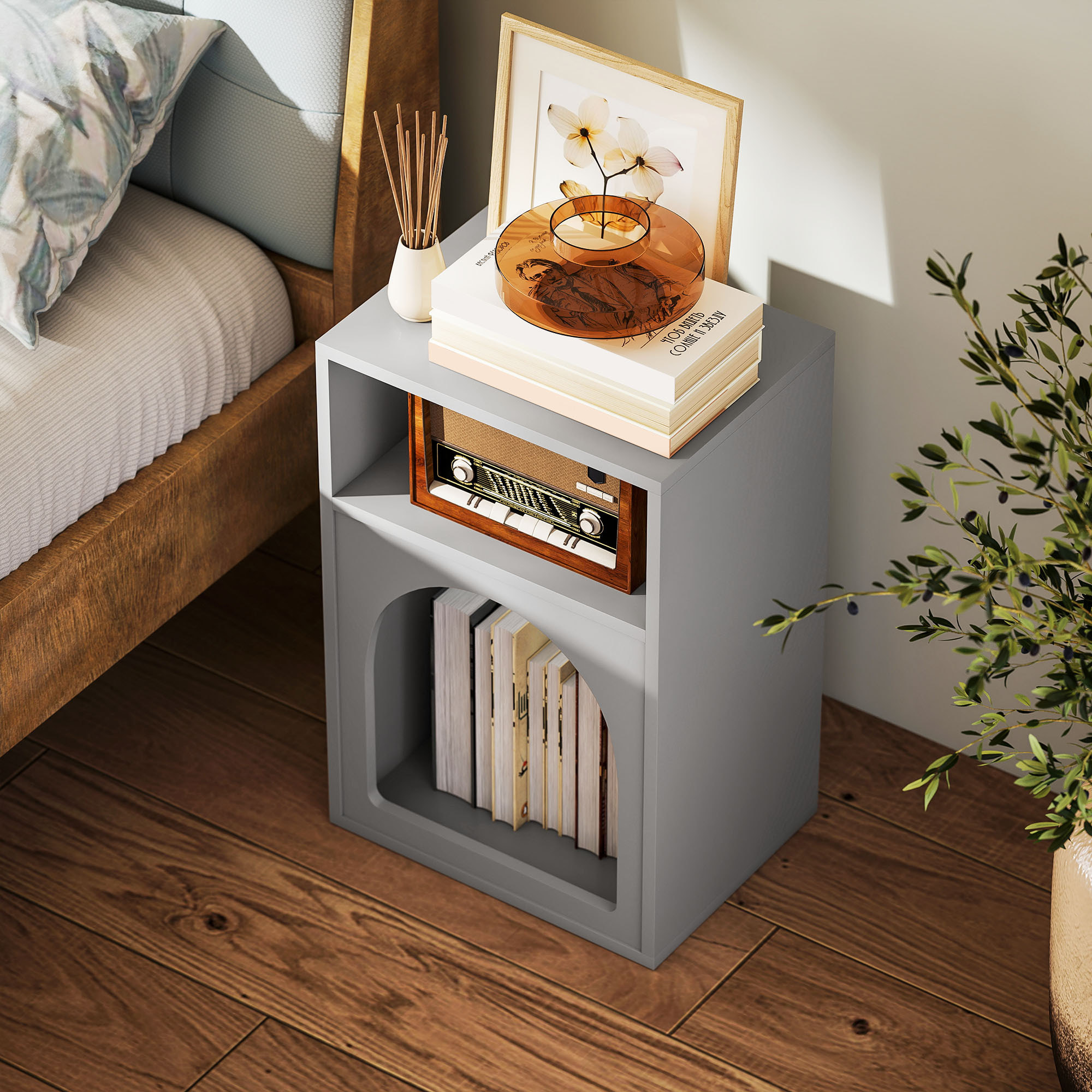 Mesita de Noche Moderna Mesilla de Noche Estrecha con 2 Compartimentos Abiertos Diseño en Forma de Arco Mesa Auxiliar para Salón Dormitorio 40x30x60 cm Gris