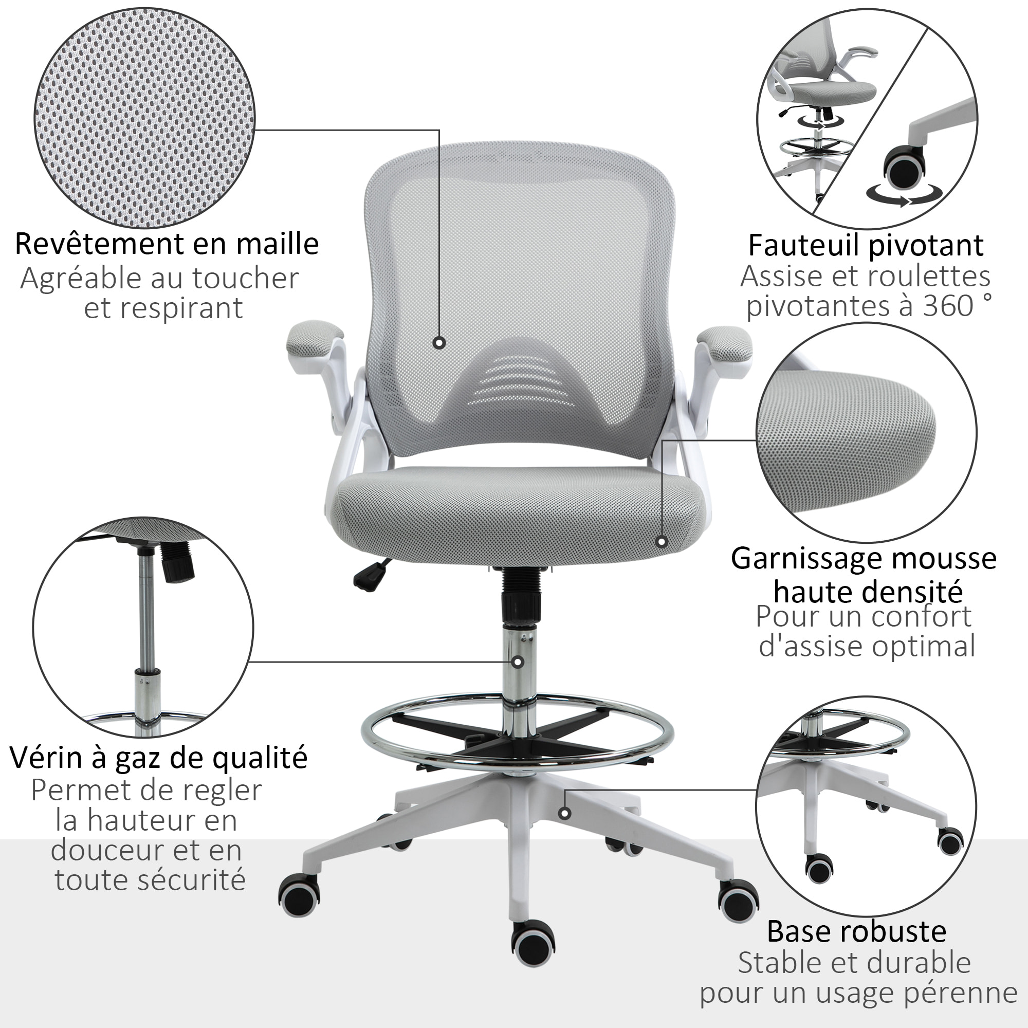 Fauteuil de bureau chaise de bureau assise haute réglable dim. 64L x 60l x 106-126H cm pivotant 360° maille respirante gris