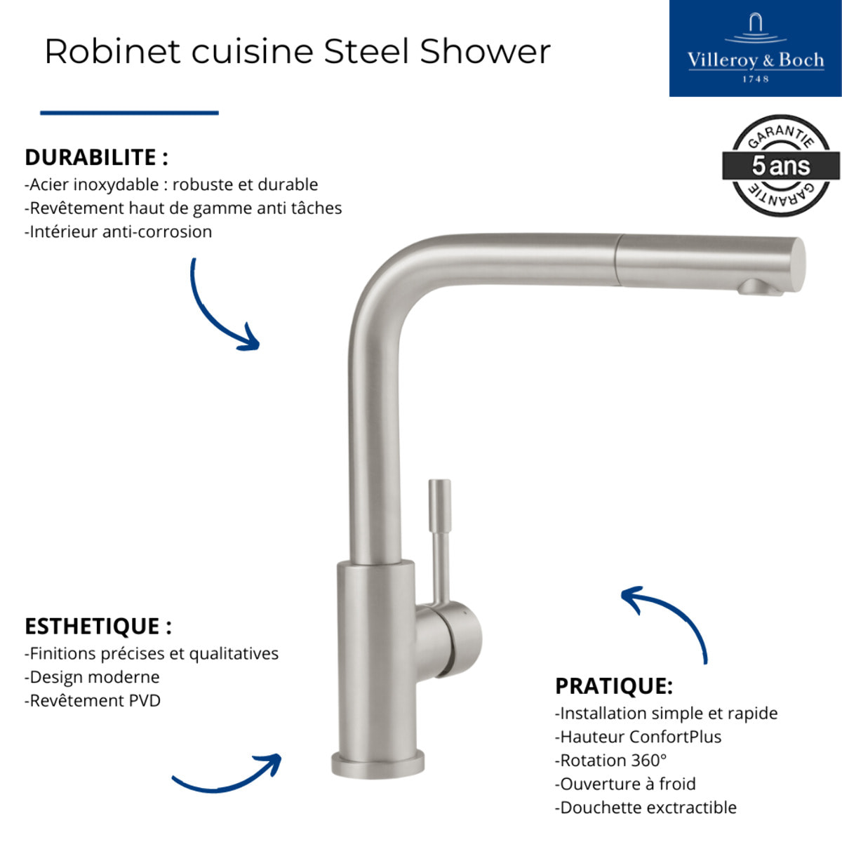 Robinet cuisine Steel Shower acier massif