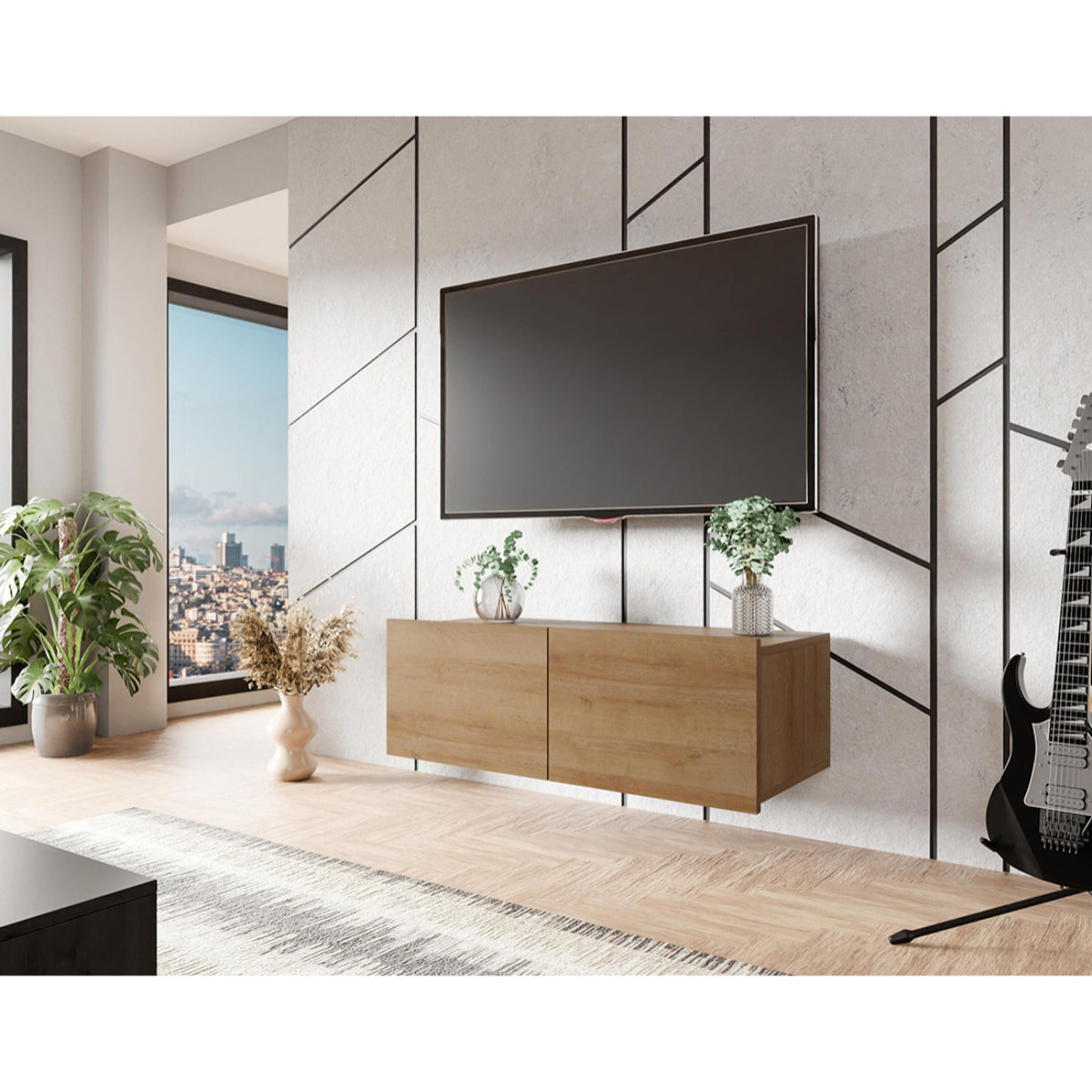 Alix - meuble tv modulable 100 cm - 2 portes - Effet chêne