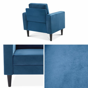 Fauteuil scandinave en velours bleu - Bjorn - Canapé 1 place fixe droit pieds bois