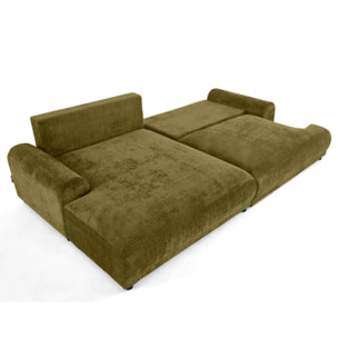 Nelly - canapé d'angle gauche 4 places convertible avec coffre en velours texturé - Vert Olive