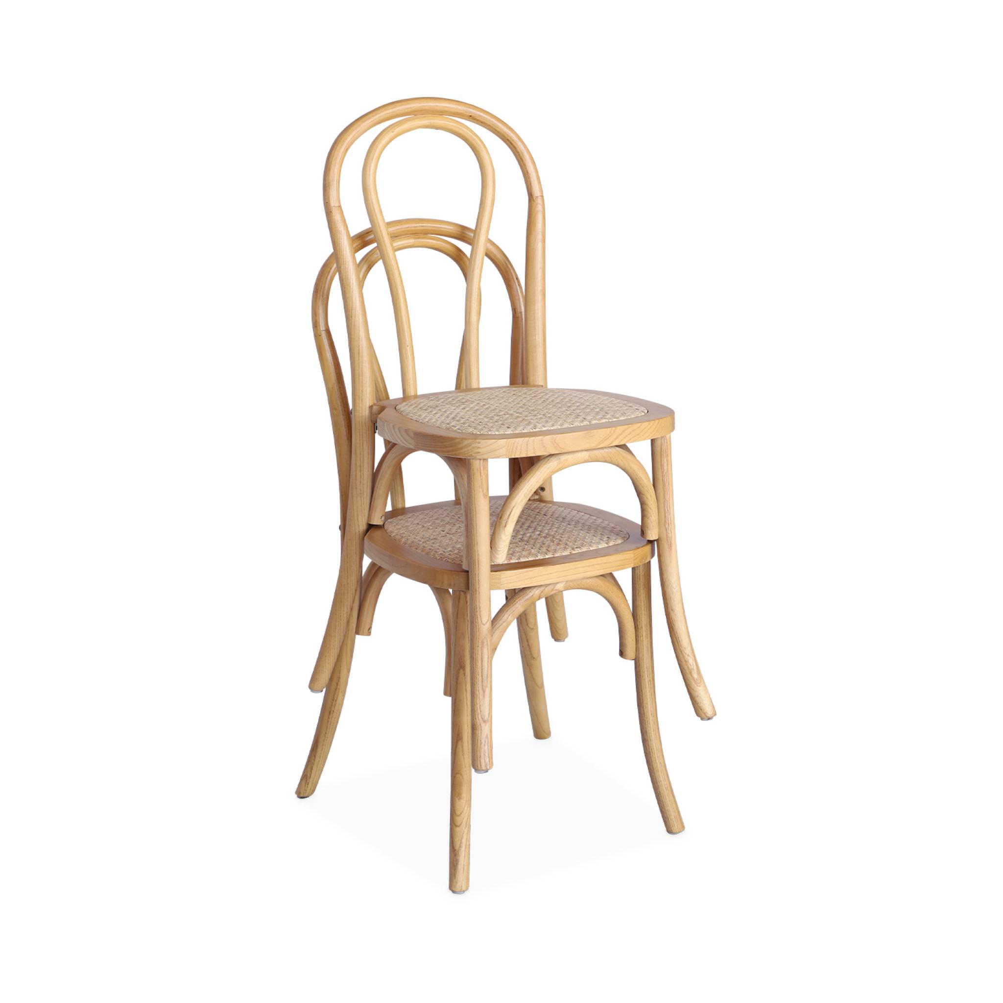 Lot de deux chaises vintage en bois avec assise en rotin et dossier arrondi coloris naturel