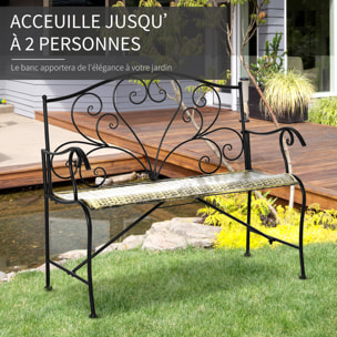 Banc de jardin 2 places style néo-rétro fer forgé lignes fuselées métal noir doré effet vieilli