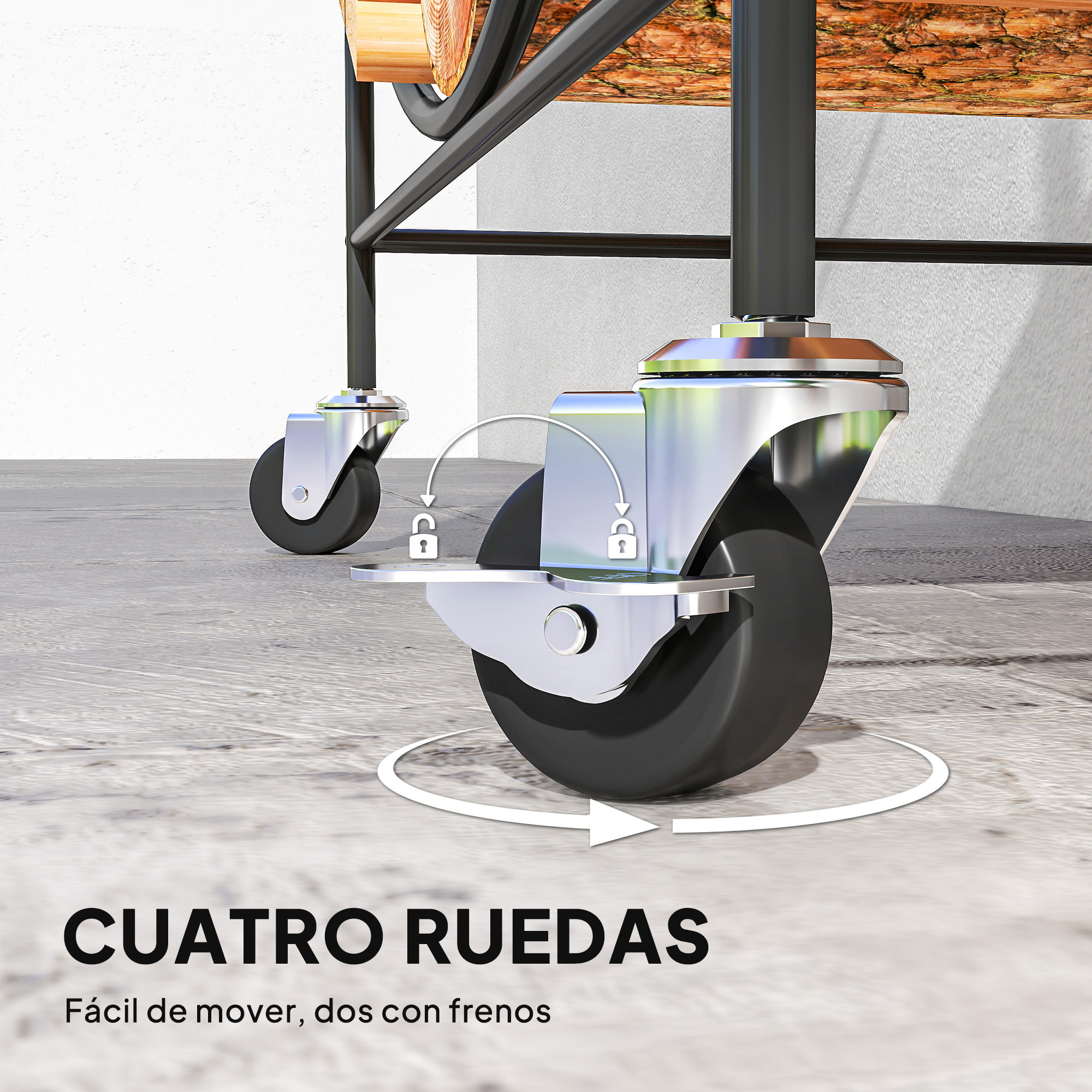 Estante de Leña de Metal con Ruedas, 51x30x60 cm, Leñero Exterior e Interior, Soporte para Leña de Chimenea, Almacenamiento para Madera, Negro