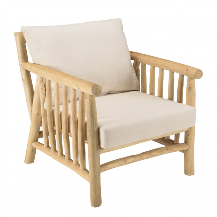 WILL - Fauteuil BORNEO en branches de teck naturel coussins blancs