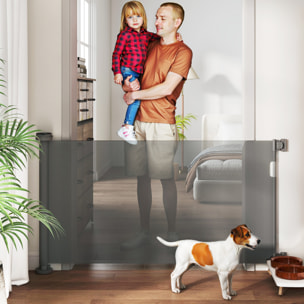 Barrera de Seguridad para Perros Retráctil 0-136 cm Puerta para Perros Pequeños Extensible con Interruptor de Cierre Red de Seguridad para Pasillos Escaleras Interiores y Exteriores