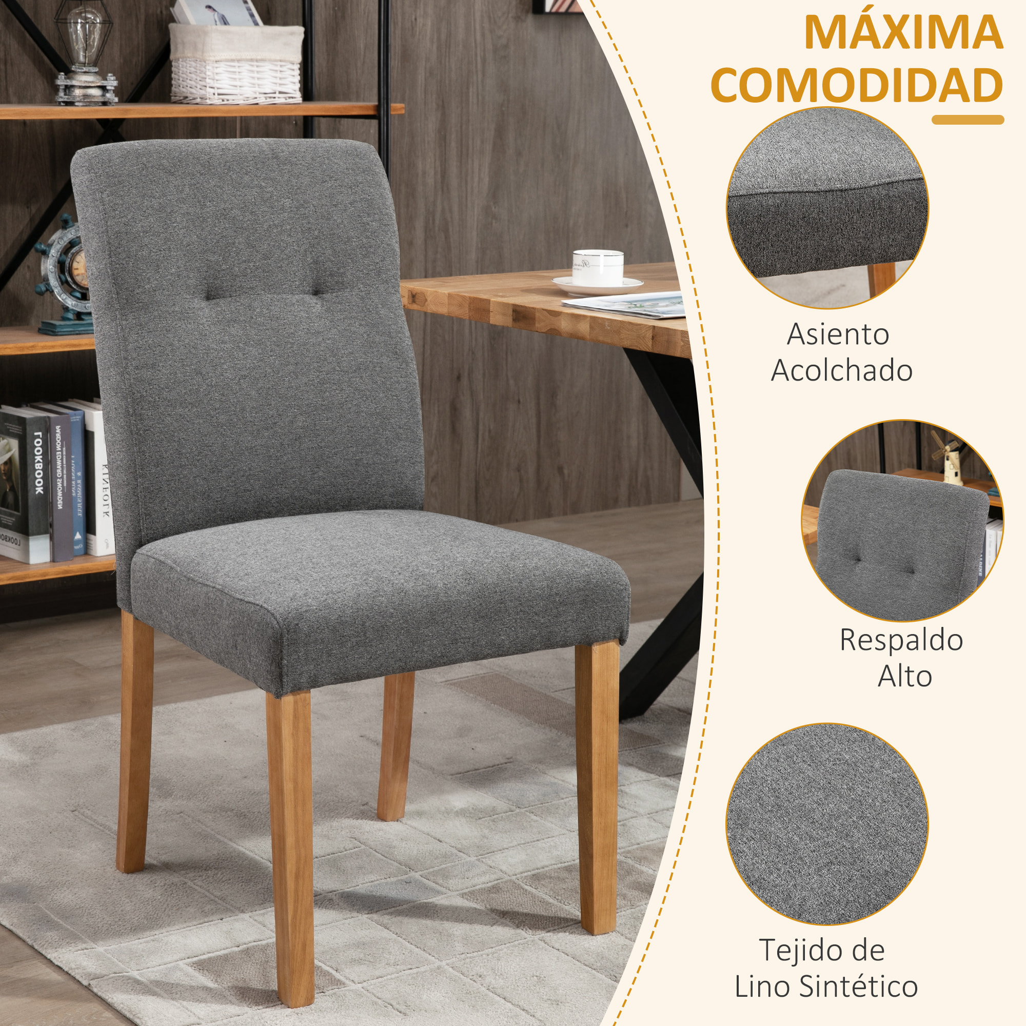 HOMCOM Conjunto de 2 Sillas de Comedor con Respaldo Alto Asiento Acolchado y Tapizadas con Tejido Transpirable con Tacto de Lino Cocina Sala de Estar 50x62x96 cm Gris