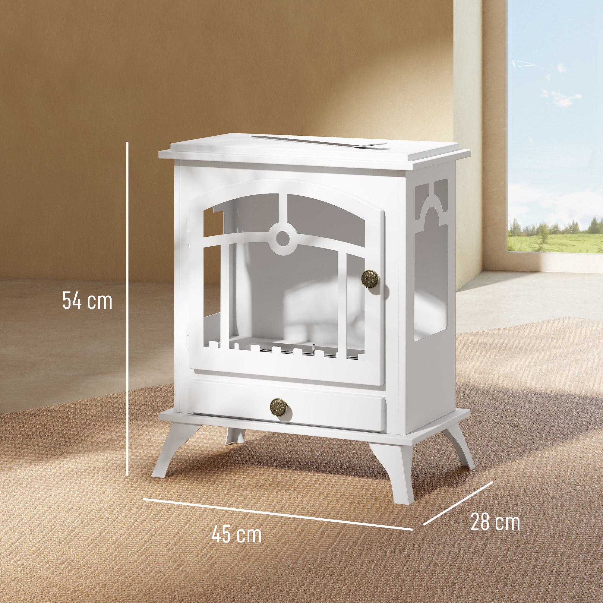 Chimenea de Bioetanol de Pie Estufa de Bioetanol con Tanque de 0,9 L Apagallamas de Acero Inoxidable Tiempo de Combustión 3H para Interiores 20-25 m² 45x28x54 cm Blanco