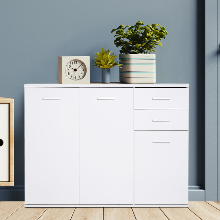 HOMCOM Buffet meuble de rangement 2 tiroirs coulissants 2 placards étagère réglable panneaux particules blanc