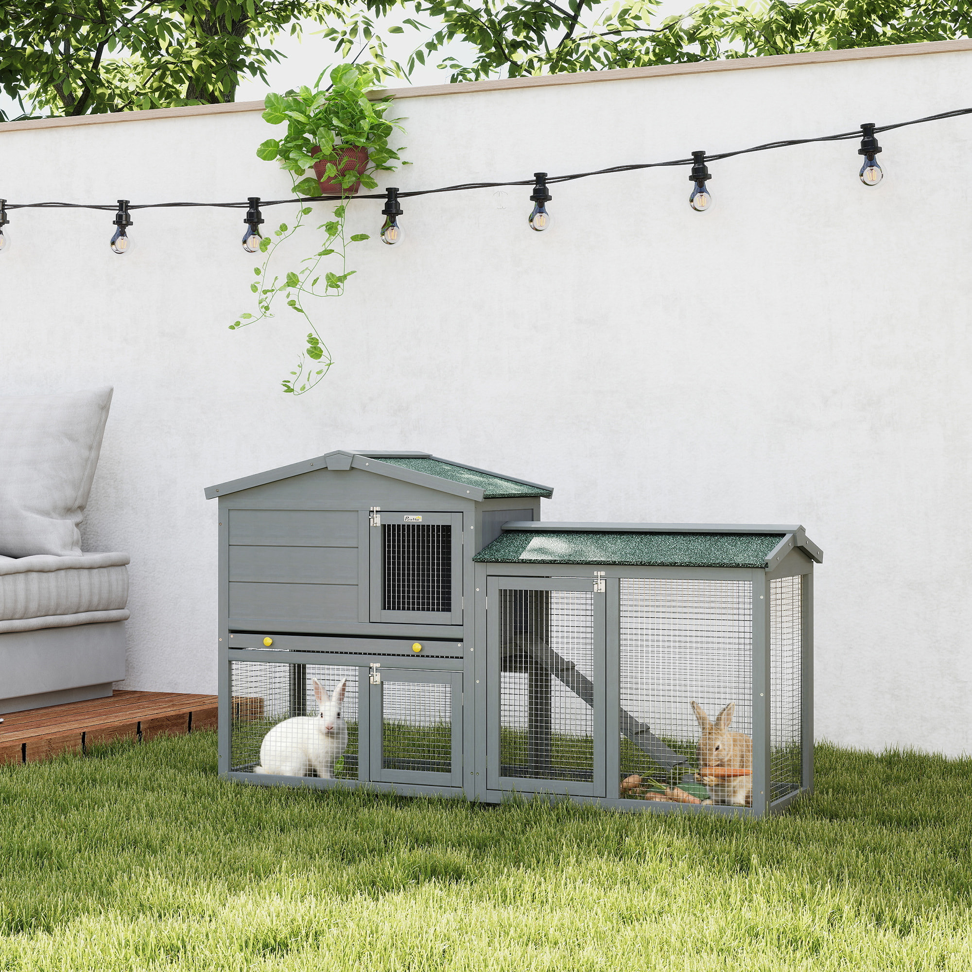 Conejera de Madera de 2 Niveles, Jaula para Conejos Grande con Techo Asfáltico, Bandeja Extraíble y Escalera, Conejera para Exterior, para Cobayas y Hámsteres, 150x45x85 cm, Gris