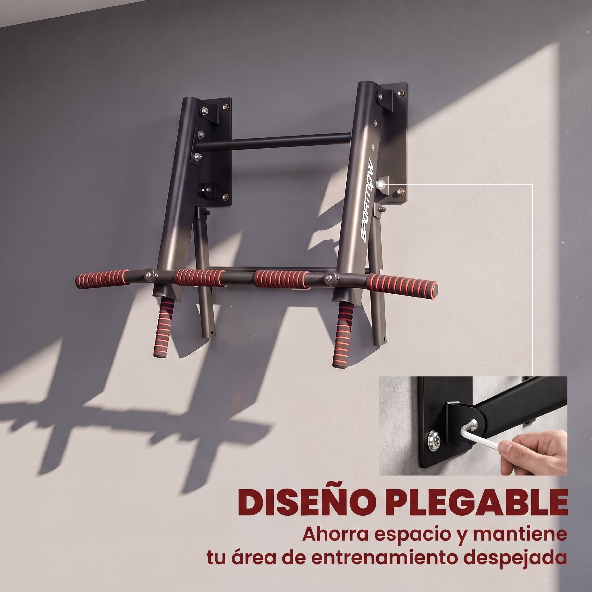 SPORTNOW Barra de Dominadas para Pared Plegable, Barra de Dominadas con 3 Anillas para Bandas de Resistencia, Agarres Antideslizantes, Carga 120 kg, para Entrenamiento en Casa, Gimnasio, Negro