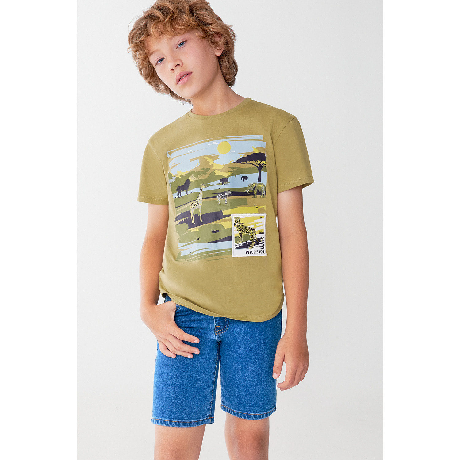 Camiseta Niño Color Tierra con Estampado de Safari y Animales, 100% Algodón | Color: Tierra | Street Monkey