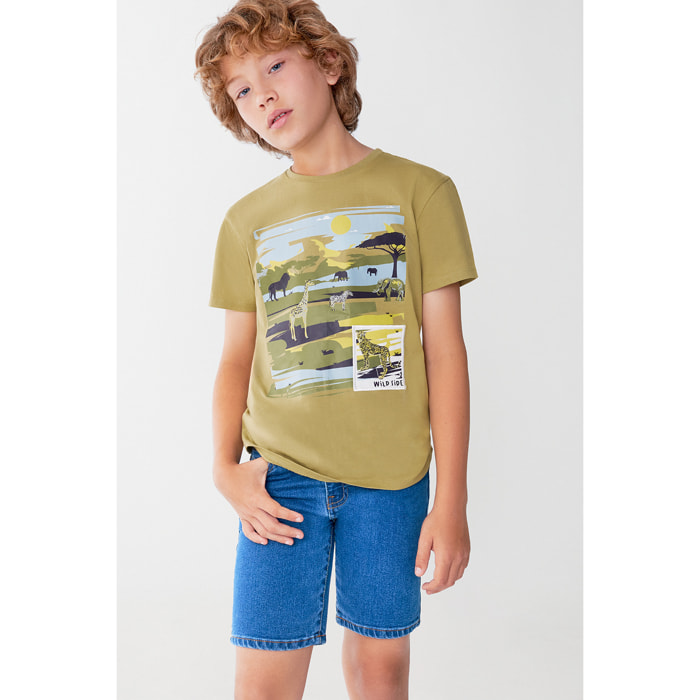 Camiseta Niño Color Tierra con Estampado de Safari y Animales, 100% Algodón | Color: Tierra | Street Monkey