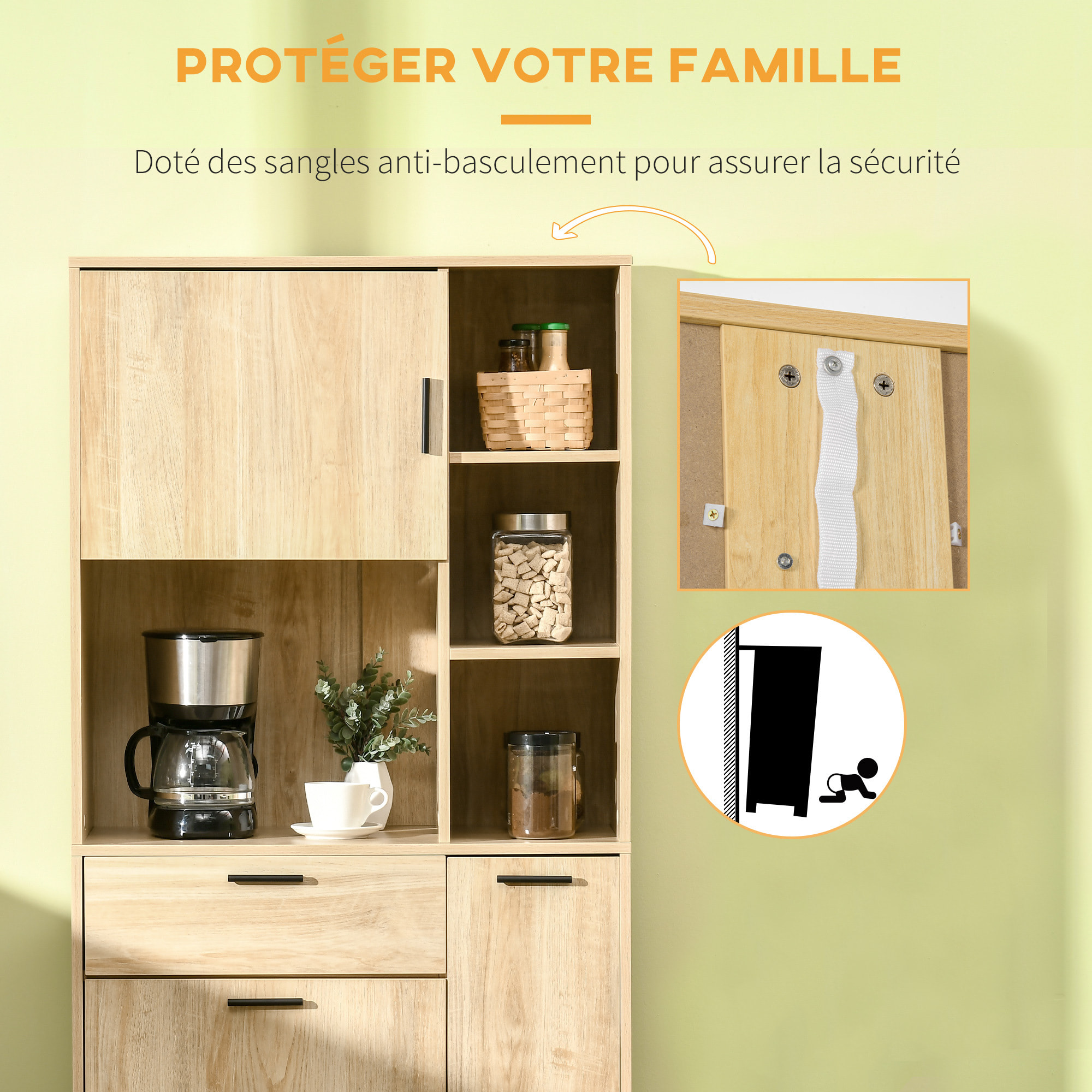 Buffet haut - armoire de cuisine multi-rangement - 3 portes, 4 niches, tiroir - piètement métal noir panneaux particules aspect bois clair