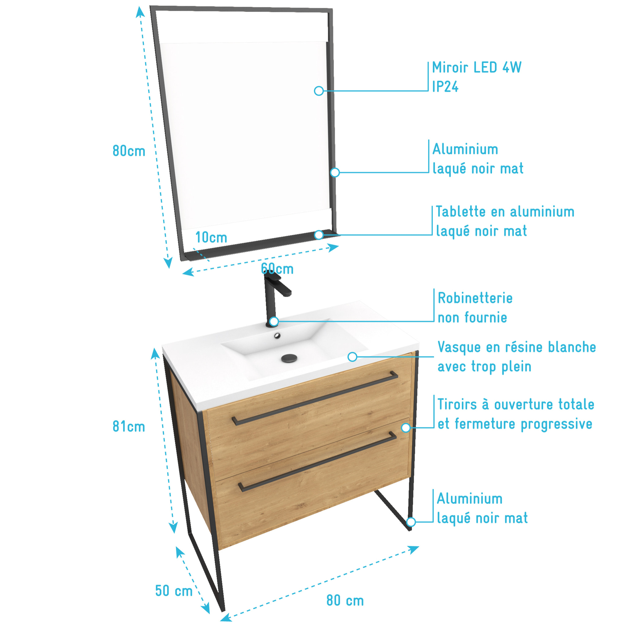 Pack Meuble SDB 80cm sur pieds 2 tiroirs Chene - Vasque resine blanche + Miroir Led